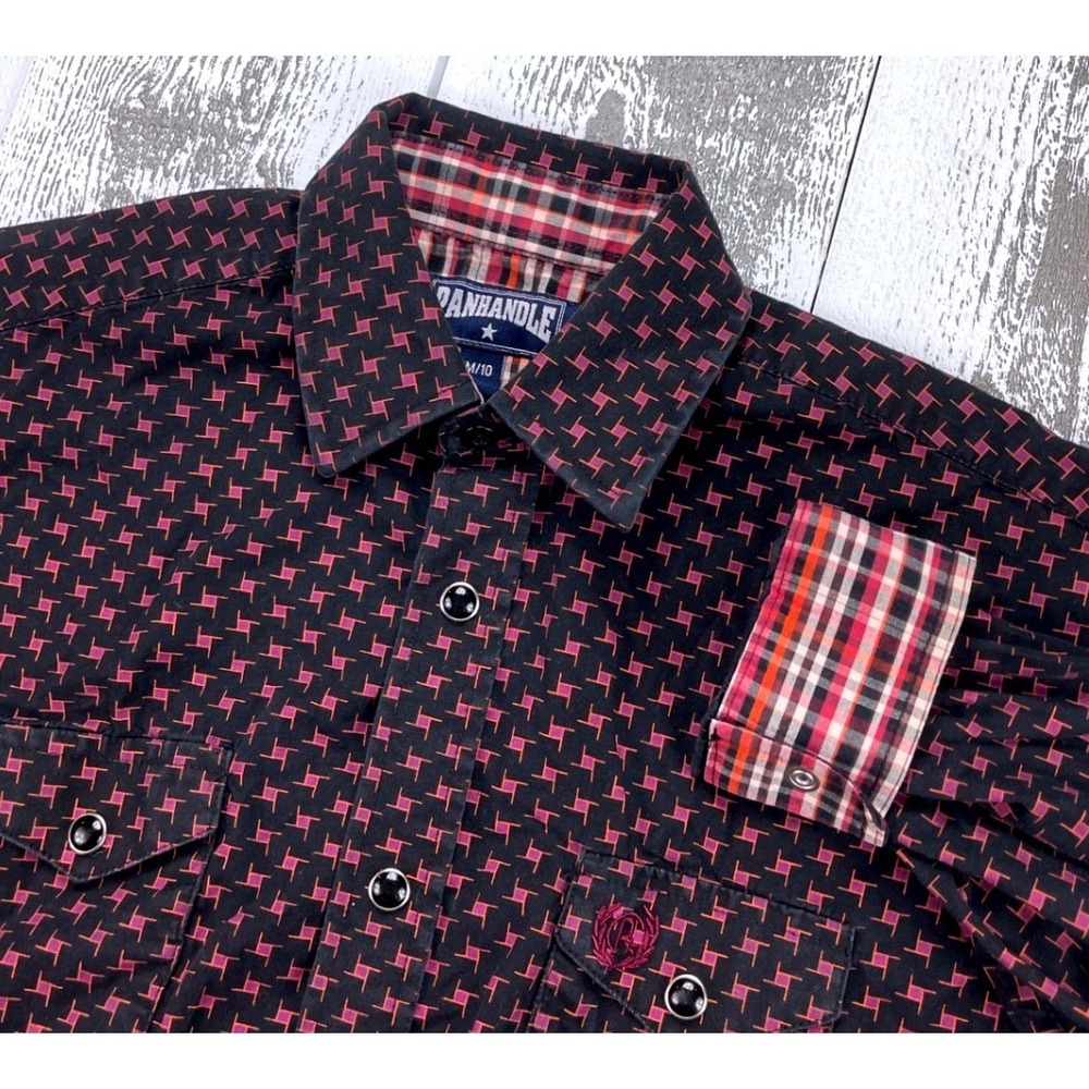 Panhandle Western Shirt Boys Size M 10 Black Pink Geometric Pearl Snap Cotton